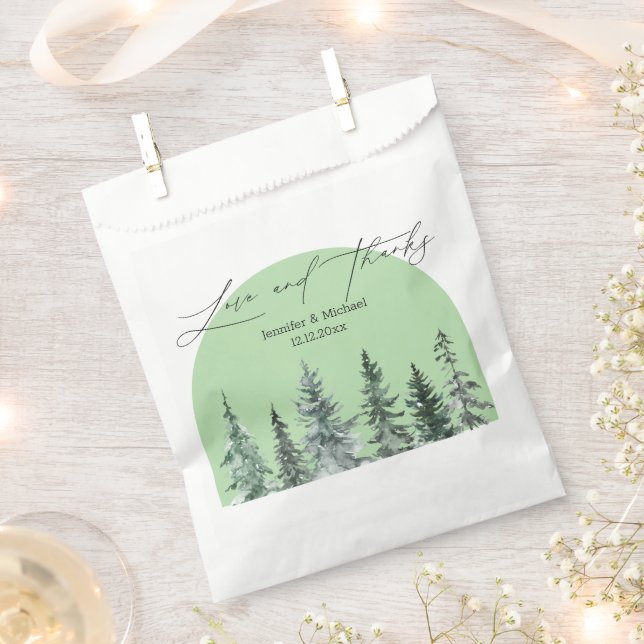 love and thanks, winter pine trees arch wedding favour bag (Clipped)