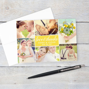 Love and Thanks Yellow Wedding Photo Collage Thank You Card
