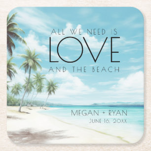 Love and the Beach Wedding  Square Paper Coaster