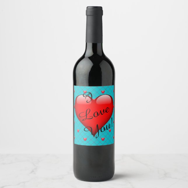 Love Aqua and Red Heart Romantic Wine Label (Front)