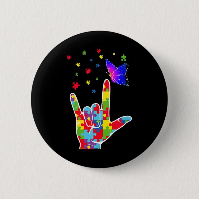 Love ASL Sign Language Puzzle Butterfly Autism Awa 2 Inch Round Button (Front)
