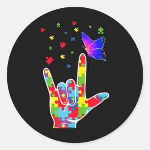 Love ASL Sign Language Puzzle Butterfly Autism Awa Classic Round Sticker