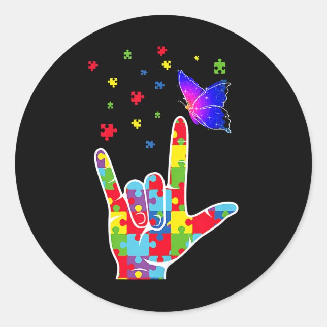 Love ASL Sign Language Puzzle Butterfly Autism Awa Classic Round Sticker (Front)