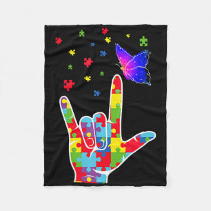 Love Asl Sign Language Puzzle Butterfly Autism Awa Fleece Blanket