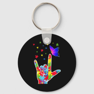 Love Asl Sign Language Puzzle Butterfly Autism Awa Keychain