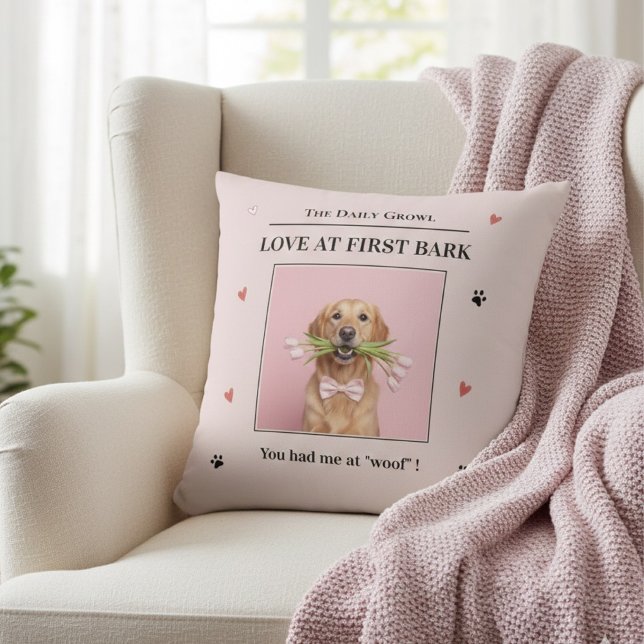 Love at First Bark Personalized Dog Custom Throw Pillow (Creator Uploaded)