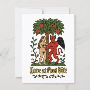 Love at First Bite – Medieval Devil & Eve Meme Postcard