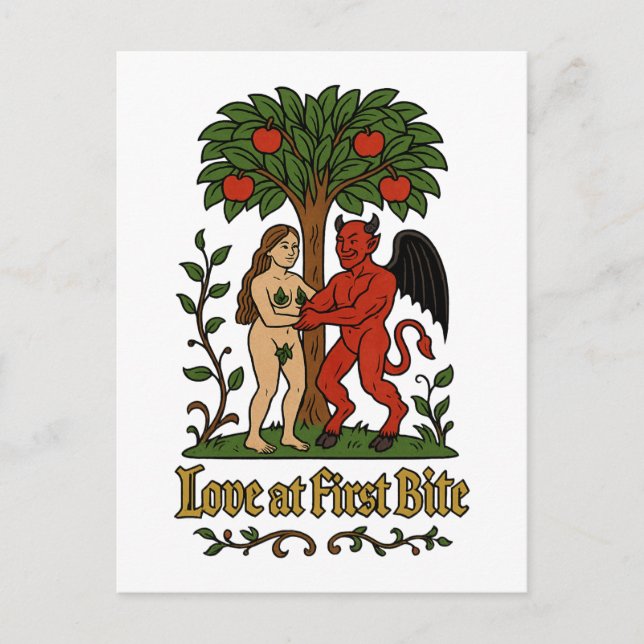 Love at First Bite – Medieval Devil & Eve Meme Postcard (Front)