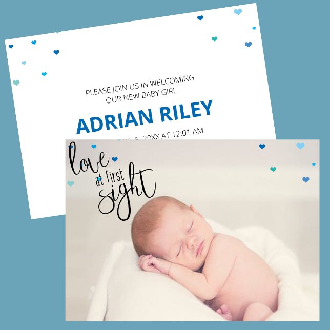 Love At First Sight Baby Birth Announcement (Blue love at first sight photo birth announcement card with blue hearts)