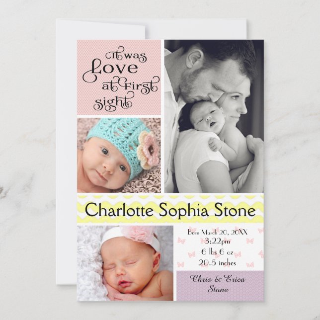 Love at First Sight Colourful Collage - Girl Announcement (Front)