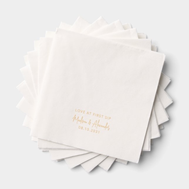 Love at First Sip Custom Names Script Wedding Foil Napkins (Insitu (Stacked))