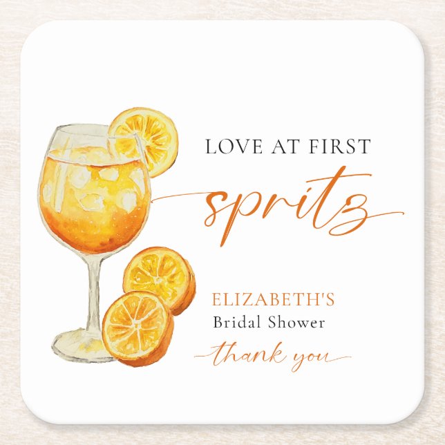 Love at First Spritz Bridal Shower Aperol Custom Square Paper Coaster (Front)
