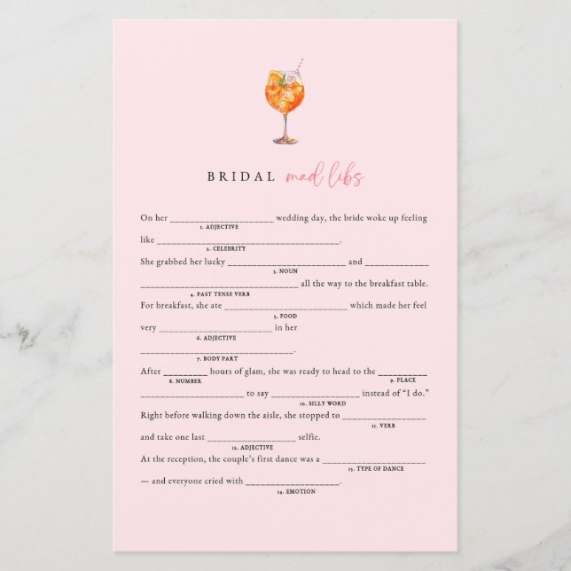 Love At First Spritz Bridal Shower Mad Libs Game (Front)