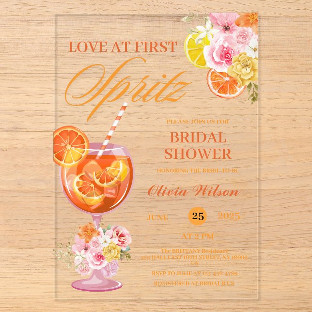 Love at First Spritz Floral Cocktail Bridal Shower Acrylic Invitations (Front)