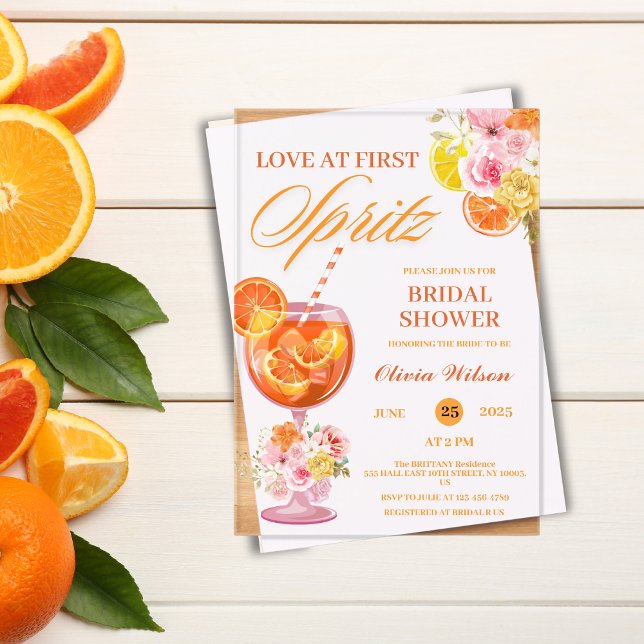 Love at First Spritz Floral Cocktail Bridal Shower Acrylic Invitations (love at first spritz bridal shower invitations cocktail drink modern elegant citrus bride orange )