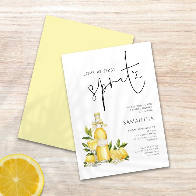 Love at First Spritz Limoncello Bridal Shower Invitation (Front and back view)