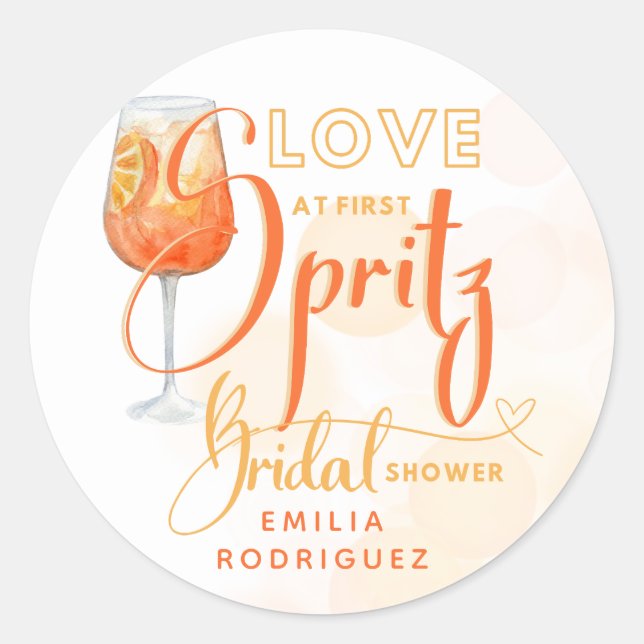 Love at First SPRITZ Modern Orange Bridal Shower Classic Round Sticker (Front)