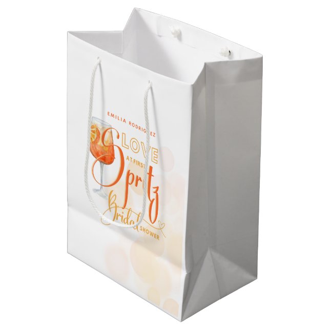 Love at First SPRITZ Modern Orange Bridal Shower Medium Gift Bag (Front Angled)