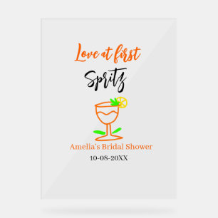 Love at first spritz orange black bridal shower gl acrylic sign