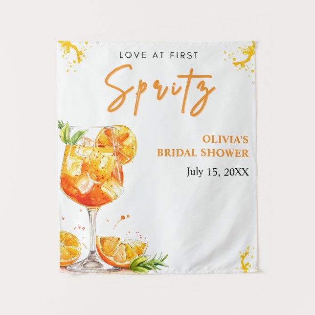 Love at First Spritz Orange Bridal Shower Backdrop Tapestry (Front)