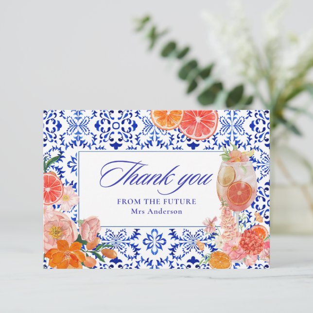 Love at first spritz orange bridal shower thank you card (Standing Front)