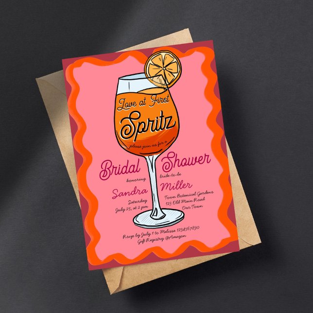 Love at first spritz retro wavey orange sketch invitation (Love at first spritz retro wavey orange pink sketch invitation template digital download Squiggle)