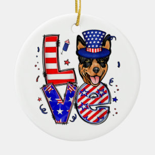 Love Australian Kelpie Patriotic 4th Of July  Ceramic Ornament