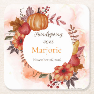 Love Autumn Rustic Thanksgiving Dinner  Square Paper Coaster
