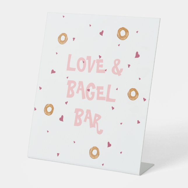 "LOVE & BAGEL BAR" | White Hearts & Bagels Pedestal Sign (Front)