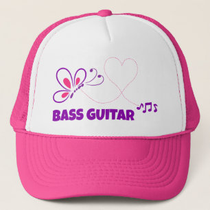 Love Bass Guitar Pink Purple Butterfly Heart Truck Trucker Hat