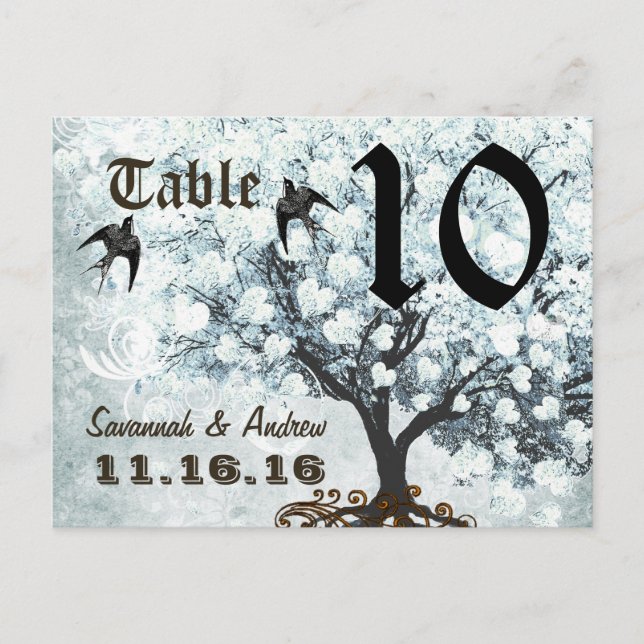 Love Bird Blue Table Number Heart Leaf Tree Postcard (Front)