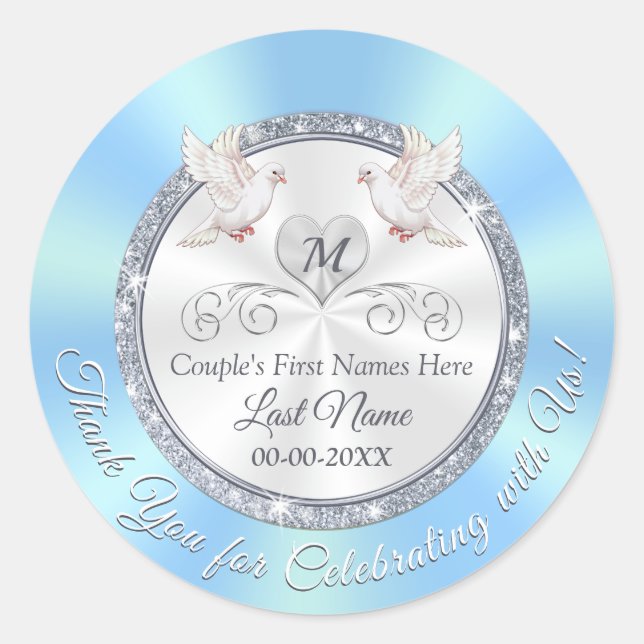 Love Bird Blue White Silver Wedding Favour Sticker (Front)
