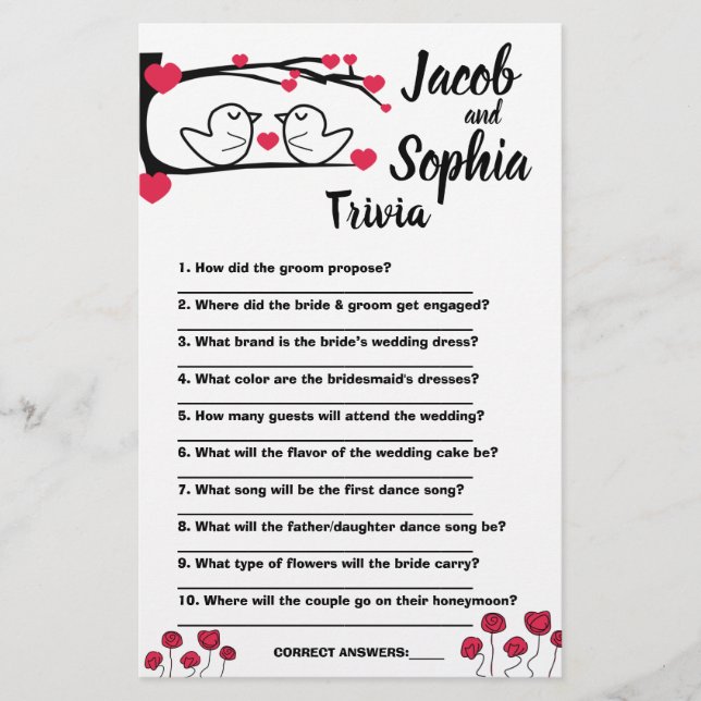 LOVE BIRD BRIDE & GROOM TRIVIA SHOWER GAME CARD (Front)