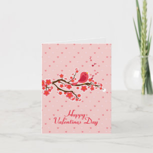 Love Bird On Floral Branch-Hearts Happy Valentines Holiday Card
