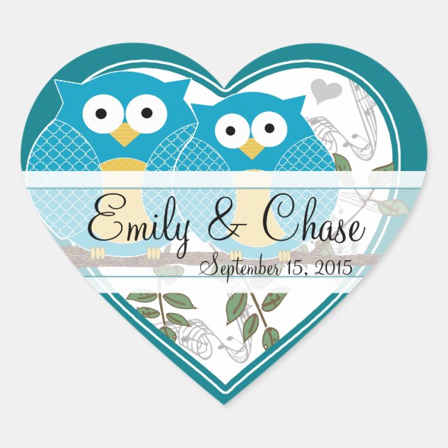 Love Bird Owls Sitting on a Branch Wedding Sticker (Front)