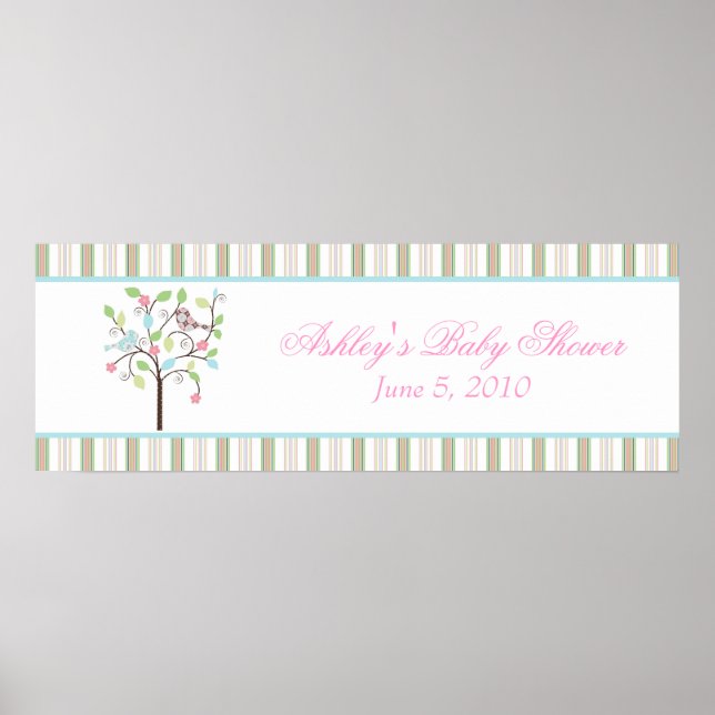 Love Bird Tree Stripes Baby Shower Banner Poster (Front)