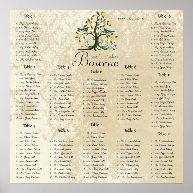 Love Bird Vintage Damask Seating Chart 12 Tables (Front)