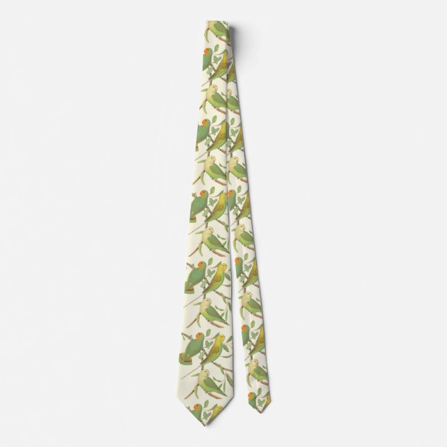 love birds  and parakeets in cream background tie (Front)
