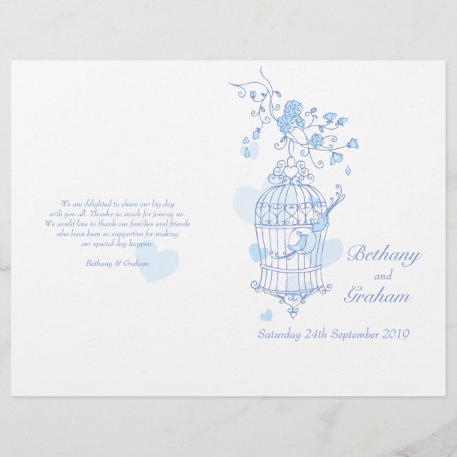 Love birds blue Wedding Programme (Front)