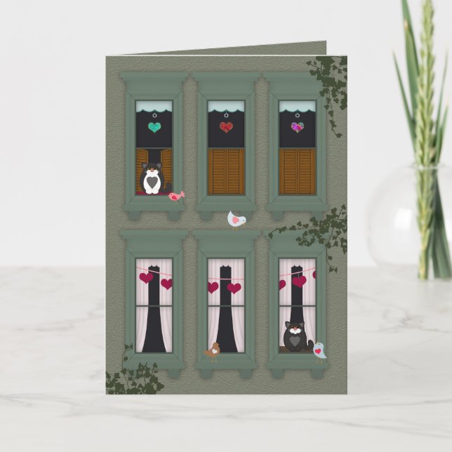 Love Birds Brownstone Apartment Windows Valentine Note Card (Front)