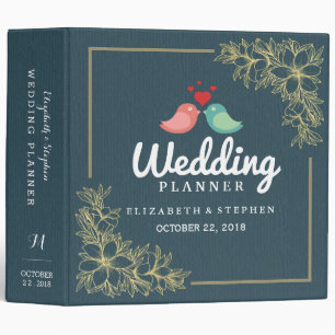 Love Birds Couple Blue Gold Floral Wedding Planner Binder
