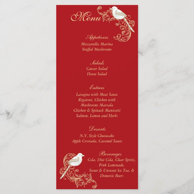 Love Birds Crimson/Creme Wedding Menu (Front)