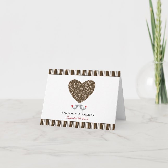 Love Birds Custom Striped Thank You Card (brown) (Front)