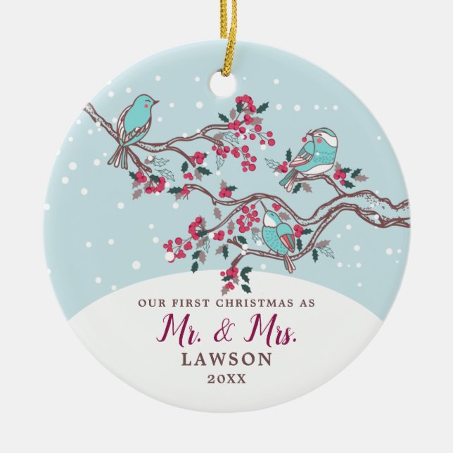 Love Birds Cute First Christmas As Mr & Mrs Xmas Ceramic Ornament (Front)