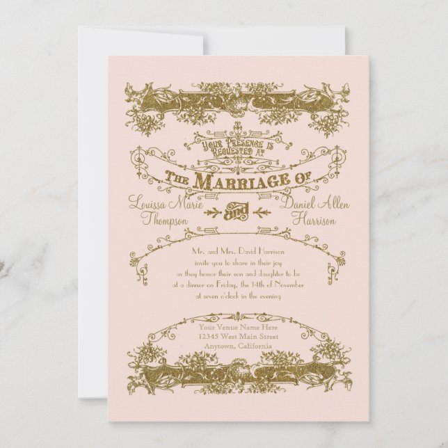 Love Birds Etching Glamourous Vintage Wedding Blus Invitation (Front)