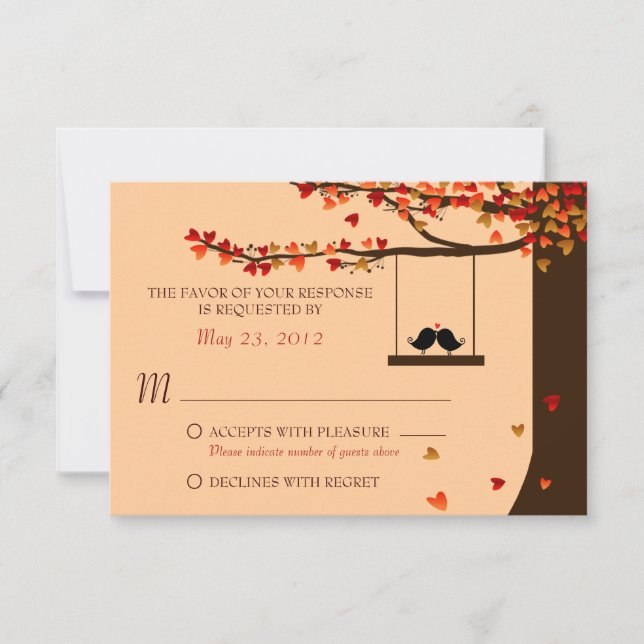 Love Birds Falling Hearts Oak Tree RSVP Card (Front)