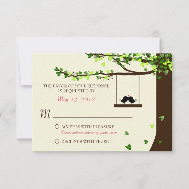 Love Birds Falling Hearts Oak Tree RSVP Card (Front)