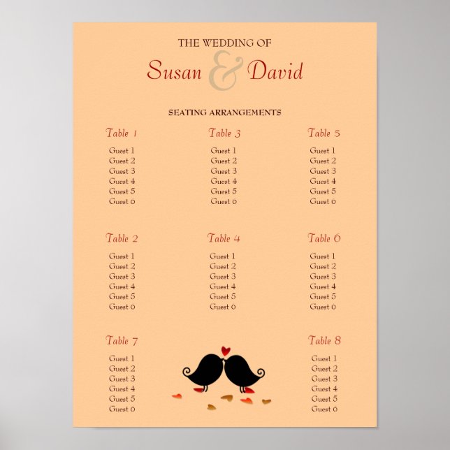 Love Birds Falling Hearts Oak Tree Seating Chart (Front)