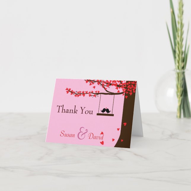 Love Birds Falling Hearts Oak Tree Thank You Note Card (Front)