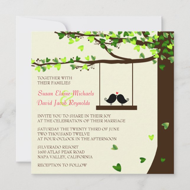 Love Birds Falling Hearts Oak Tree Wedding Invite (Front)